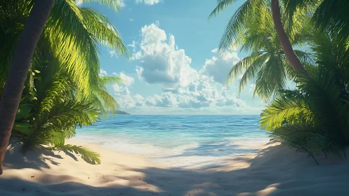 Tropical Coastal Lagoon with Converging Palm Fronds and Crystalline Turquoise Waters