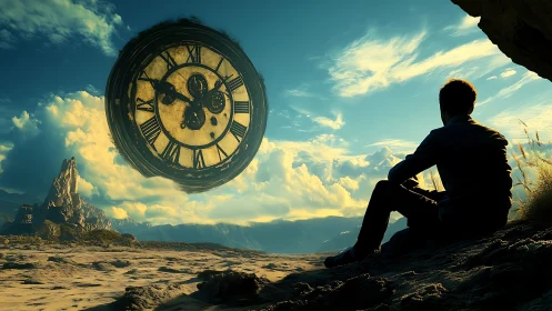 Man gazes at surreal floating clock in vast desert sky.