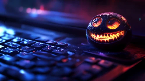 Glowing jack-o-lantern sphere rests on keyboard in neon light