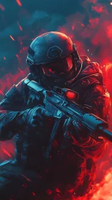 Armored tactical soldier with rifle in red blue environment.