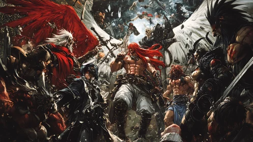 Epic fantasy melee converges around red‑haired warrior leader
