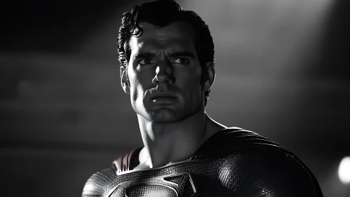 Heroic monochrome superhero portrait captures stoic resolve