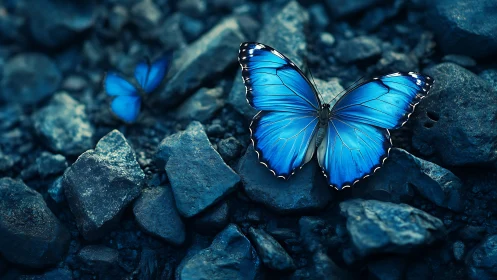 Blue butterfly rests sharply focused on dark rocky ground