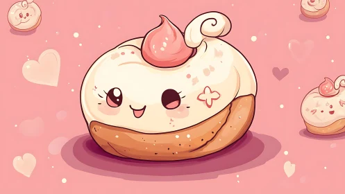 Anthropomorphic Pastry Illustration with Cream and Fruit Topping