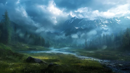 Mountain valley river under dense clouds and mist layers.