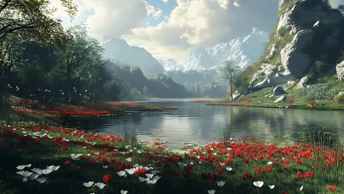 Mountain lake panorama with snow peaks and flower meadow.