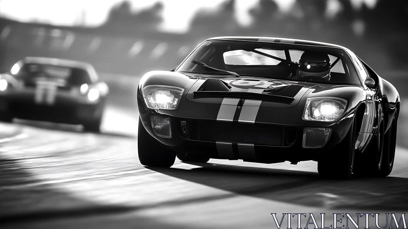 Monochrome front view of vintage race cars on circuit.