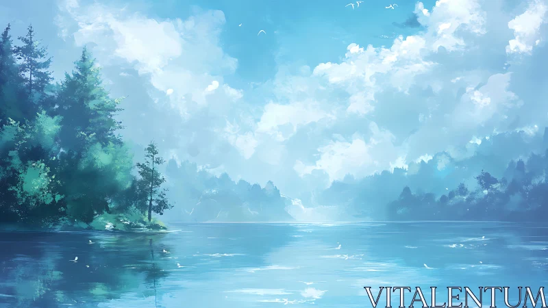 Atmospheric perspective defines tranquil lake under volumetric clouds