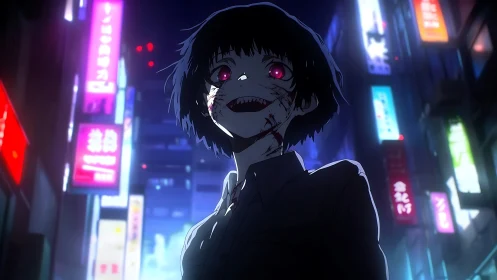 Eerie midnight wanderer glowing under neon city lights.