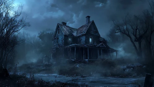 Moonlit derelict Victorian swamp house with eerie interior glow