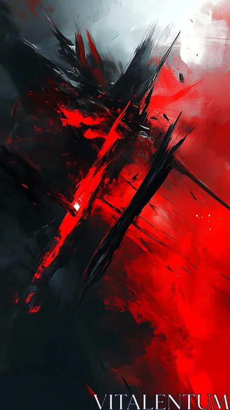 Vertical abstract composition isolates red and black shards