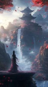 Mystic cliffside temple and lone dreamer above silver falls.