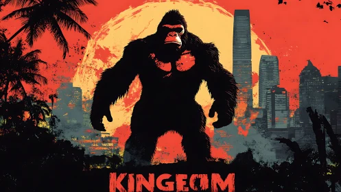 Mighty gorilla towers over a glowing city at fiery sunset