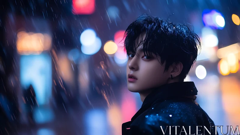 Moody youth portrait in neon lit rainy city street at night