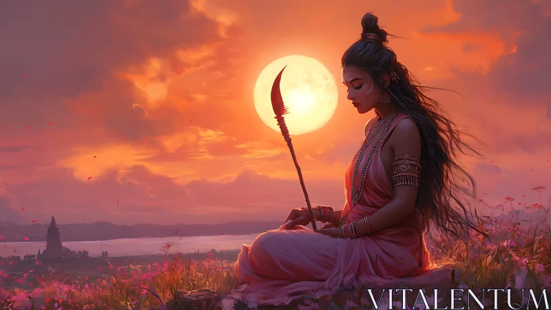 Divine warrior meditates at dusk under glowing harvest moon