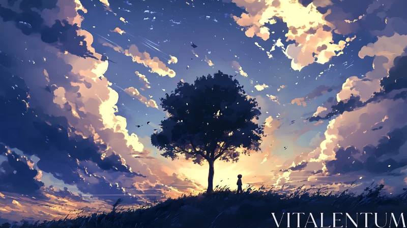 Silhouetted tree and figure stand against a clouded sunset sky