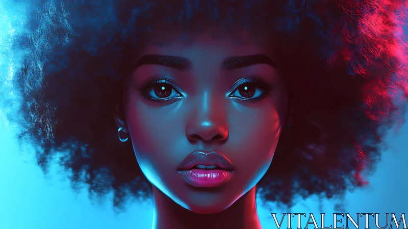 Neon-lit afro portrait with luminous cyan and magenta glow.