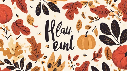 Autumn pumpkins and leaves surround bold central lettering