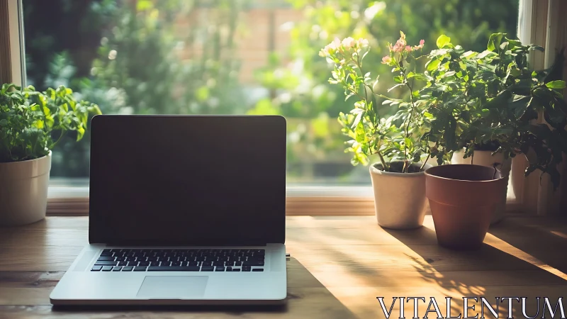 Laptop on bright wooden desk with potted plants by window.
