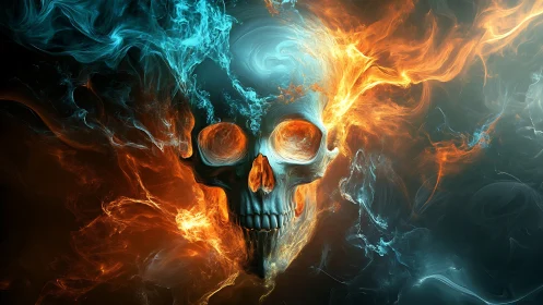Flaming skull emerges in swirling blue and orange smoke