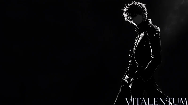 Noir anime antihero in high-contrast monochrome lighting.
