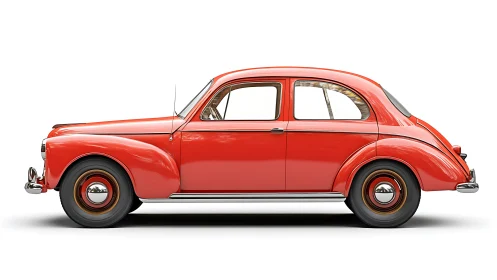 Side profile of red vintage four-door compact car.