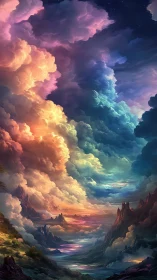 Radiant fantasy sky over luminous painted valleys. Period.