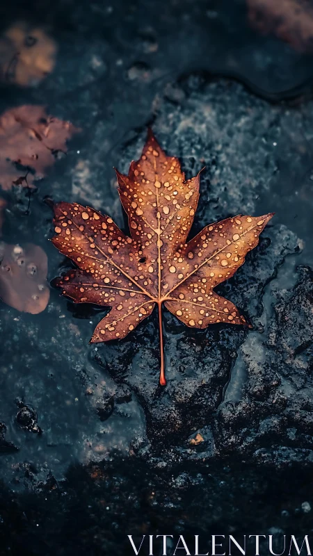 Hydrophilic maple leaf macro on saturated asphalt substrate.