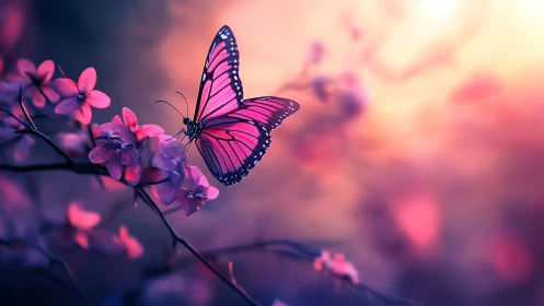 Butterfly rests on branch with shallow depth of field lighting