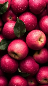 Freshly picked red apples glistening with gentle dewdrops.