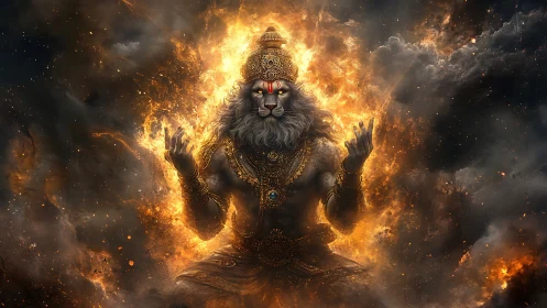 Mythic lion deity meditates within explosive celestial fire.