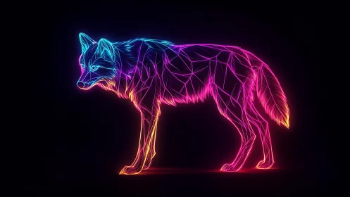 Neon polygon wolf glows in vibrant cyber spectrum light.