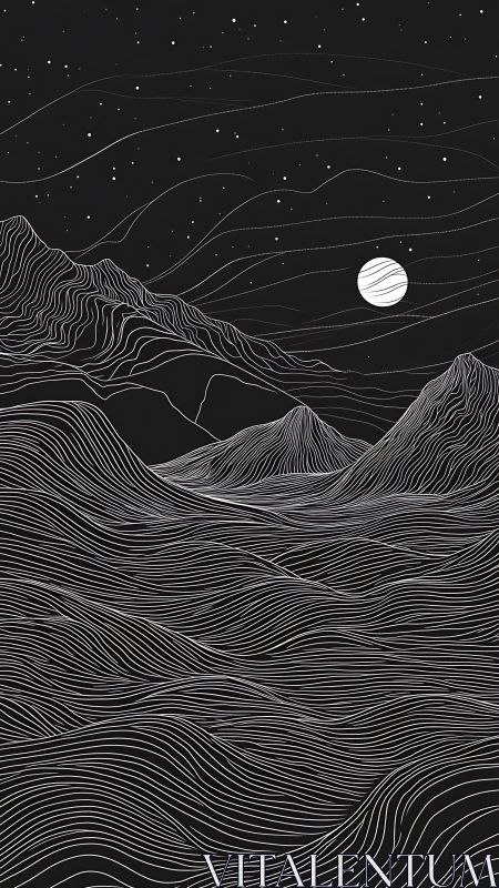 Starlit linear dunes under a minimalist lunar horizon.