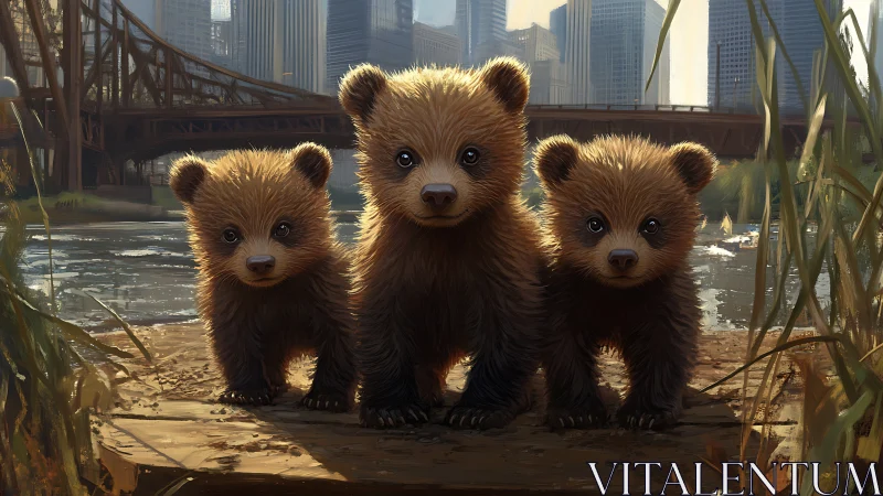 Three bear cubs on riverbank before urban skyline at dusk.