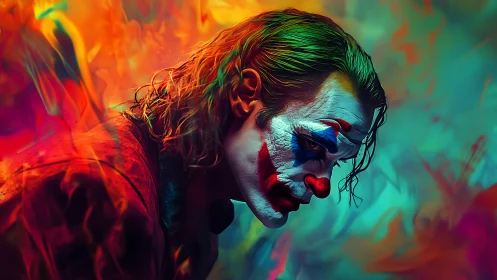 Moody clown portrait amid intense neon swirling colors.