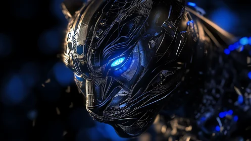 Futuristic cyber panther glowing softly in deep blue light.