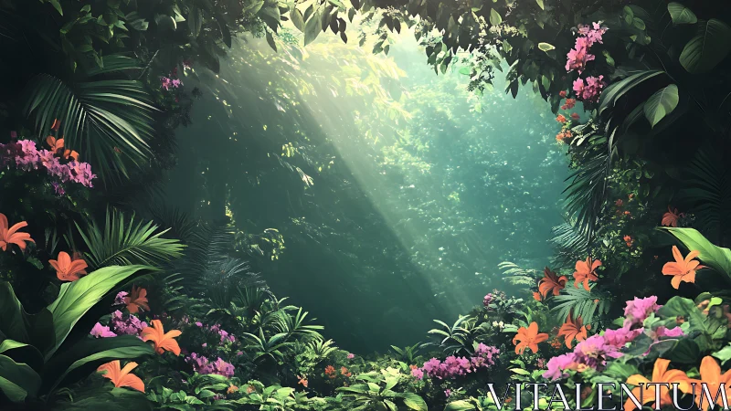 Lush tropical jungle clearing with sunlit foliage and blooms.