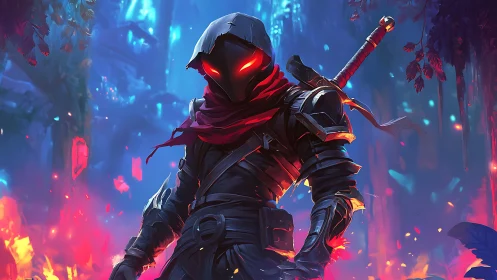 Digital painting of glowing-eyed rogue in neon forest battleground.