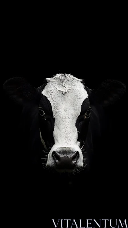 Curious black and white cow emerging from soft darkness.