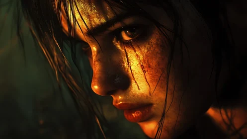 Side-lit digital portrait shows intense, dirt-streaked face