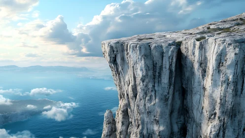 Vertical limestone sea cliff overlooks calm coastal water