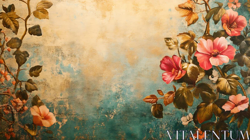 Floral vines on distressed teal and gold textured ground.