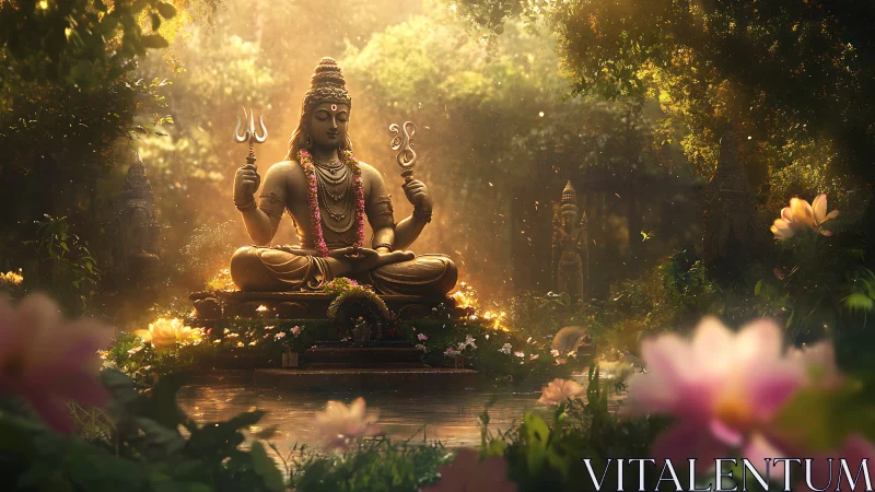 Serene Shiva statue in radiant lotus forest sanctuary.