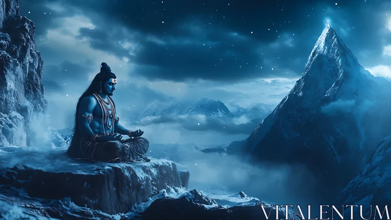Blue-skinned meditating figure on icy mountain plateau at night.