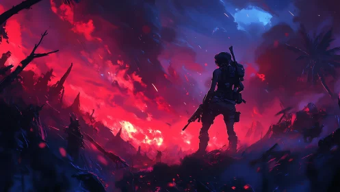 Lone spacefarer pauses beneath a blazing neon storm sky.