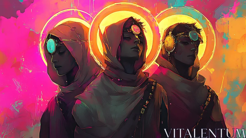 Neon-cloaked mystics with glowing halos in cyber desert.