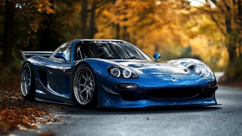 Blue sports car on forest road in soft autumn light.