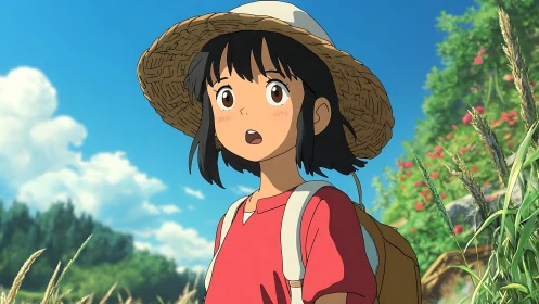 Anime pastoral portrait with sunlit summer field composition.