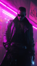 Cybernetic enforcer in neon corridor under magenta rim light.