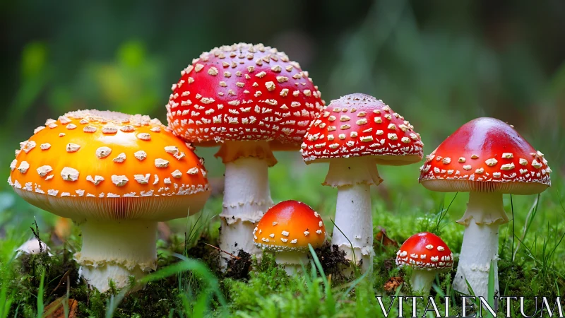 Polka dot toadstool family glowing in mossy woodland hush.
